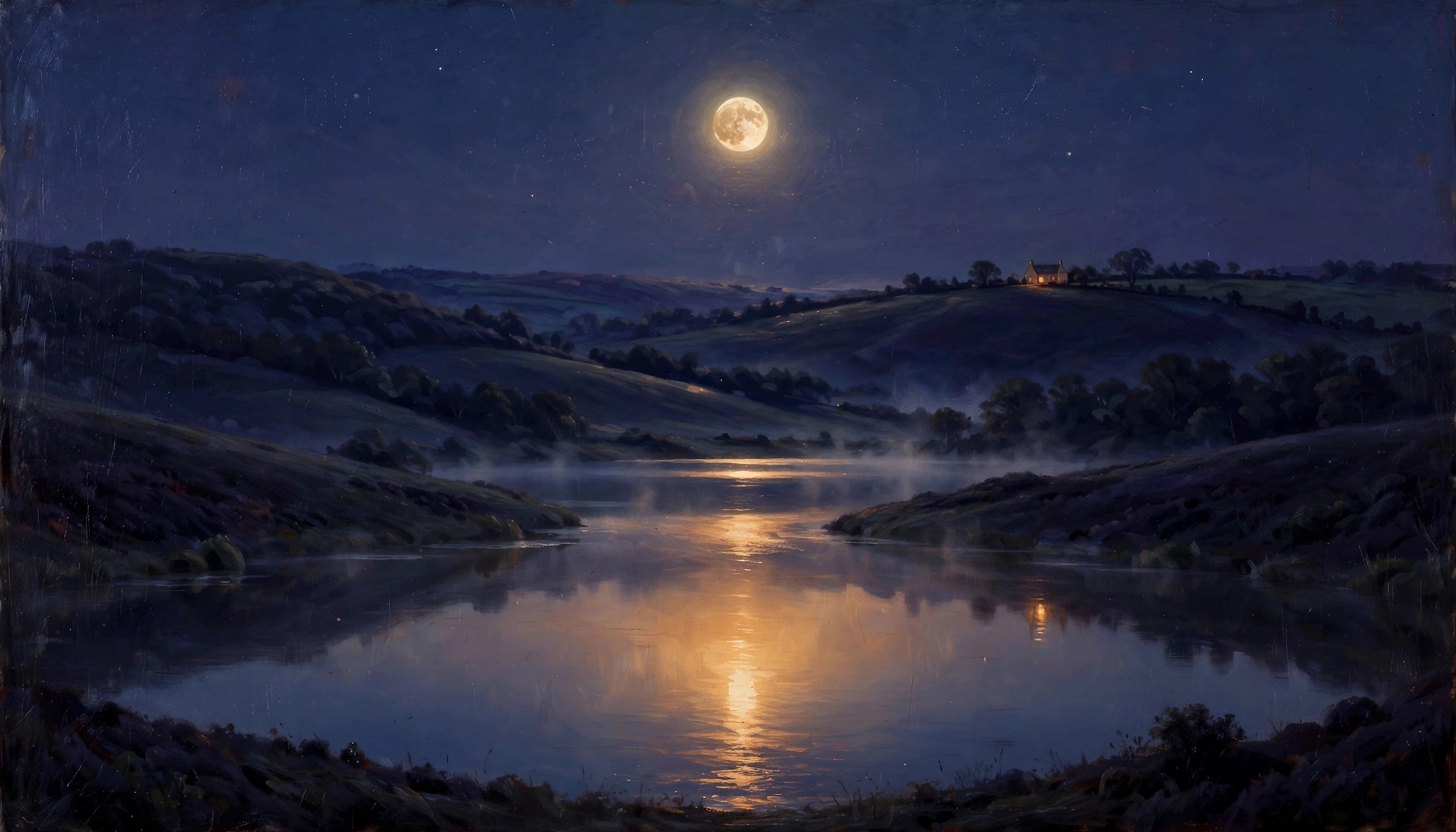 Moonlit hills over a still lake, a lit house on the far hill — Hillmere